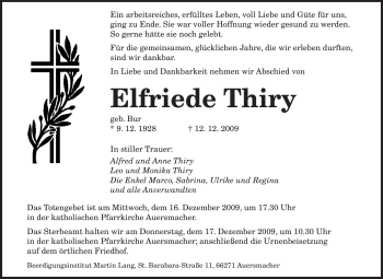 Todesanzeige von Elfriede Thiry von SAARBRÜCKER ZEITUNG