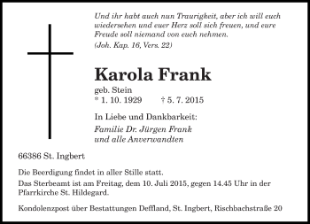 Todesanzeige von Karola Frank von saarbruecker_zeitung