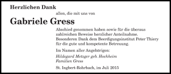 Todesanzeige von Gabriele Gress von saarbruecker_zeitung