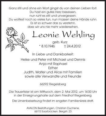 Todesanzeige von Leonie Wehling von SAARBRÜCKER ZEITUNG