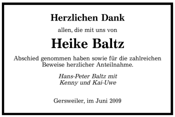 Todesanzeige von Heike Baltz von SAARBRÜCKER ZEITUNG