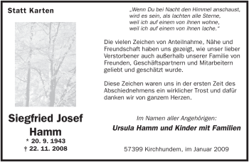 Todesanzeige von Siegfried Josef Hamm von SAARBRÜCKER ZEITUNG
