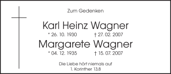 Todesanzeige von Margarete Wagner von SAARBRÜCKER ZEITUNG