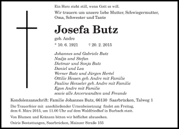 Todesanzeige von Josefa Butz von saarbruecker_zeitung