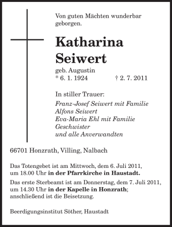 Todesanzeige von Katharina Seiwert von SAARBRÜCKER ZEITUNG