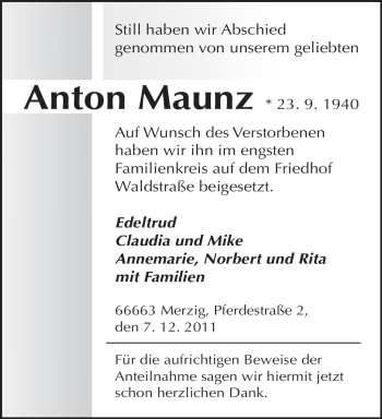 Todesanzeige von Anton Maunz von SAARBRÜCKER ZEITUNG