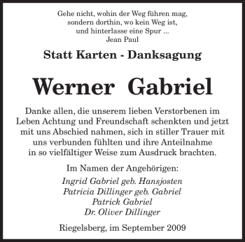 Todesanzeige von Werner Gabriel von SAARBRÜCKER ZEITUNG
