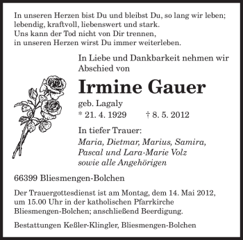 Todesanzeige von Irmine Gauer von SAARBRÜCKER ZEITUNG