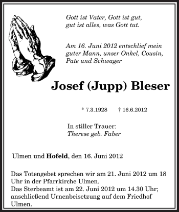 Todesanzeige von Josef Bleser von SAARBRÜCKER ZEITUNG