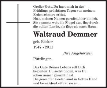 Todesanzeige von Waltraud Demmer von SAARBRÜCKER ZEITUNG