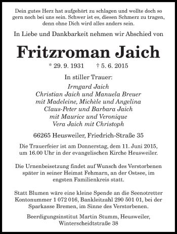 Todesanzeige von Fritzroman Jaich von saarbruecker_zeitung