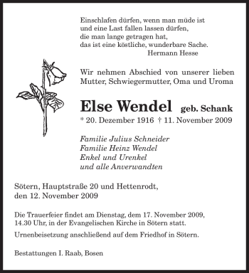 Todesanzeige von Else Wendel von SAARBRÜCKER ZEITUNG