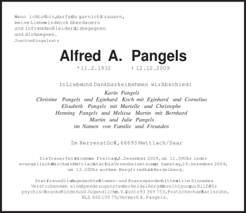 Todesanzeige von Alfred A. Pangels von SAARBRÜCKER ZEITUNG