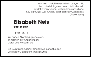 Todesanzeige von Elisabeth Neis von saarbruecker_zeitung