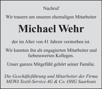 Todesanzeige von Michael Wehr von SAARBRÜCKER ZEITUNG