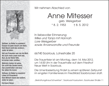 Todesanzeige von Anne Mitesser von SAARBRÜCKER ZEITUNG