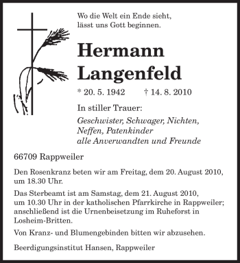 Todesanzeige von Hermann Langenfeld von SAARBRÜCKER ZEITUNG