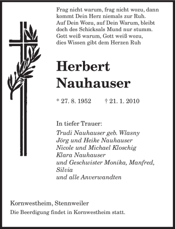 Todesanzeige von Herbert Nauhauser von SAARBRÜCKER ZEITUNG