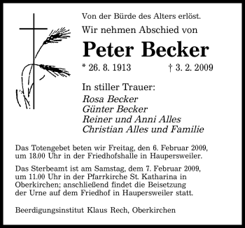 Todesanzeige von Peter Becker von SAARBRÜCKER ZEITUNG