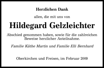 Todesanzeige von Hildegard Gelzleichter von SAARBRÜCKER ZEITUNG