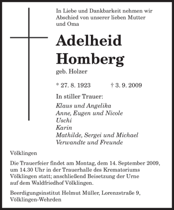 Todesanzeige von Adelheid Homberg von SAARBRÜCKER ZEITUNG