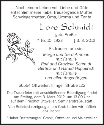 Todesanzeige von Lore Schmidt von SAARBRÜCKER ZEITUNG