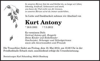 Todesanzeige von Kurt Antony von SAARBRÜCKER ZEITUNG