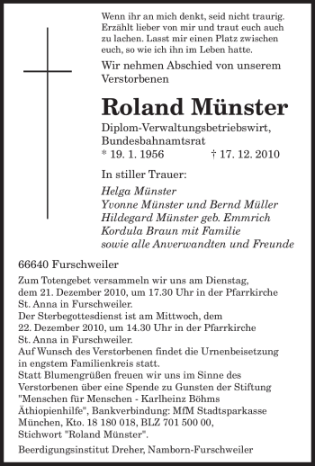 Todesanzeige von Roland Münster von SAARBRÜCKER ZEITUNG