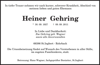 Todesanzeige von Heiner Gehring von SAARBRÜCKER ZEITUNG