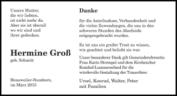 Todesanzeige von Hermine Groß von saarbruecker_zeitung