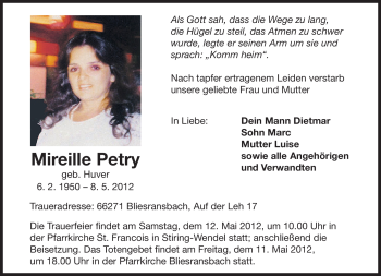 Todesanzeige von Mireille Petry von SAARBRÜCKER ZEITUNG