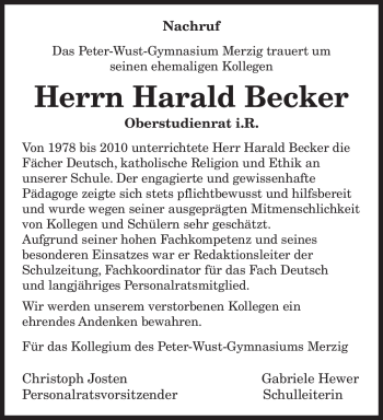 Todesanzeige von Harald Becker von SAARBRÜCKER ZEITUNG