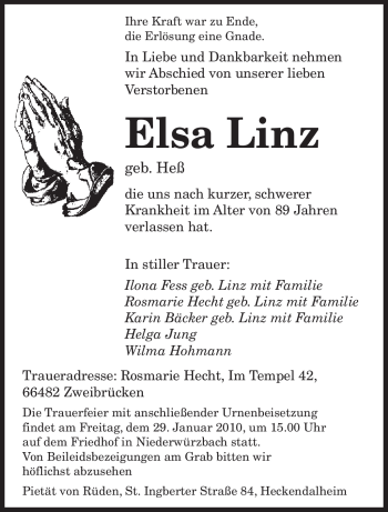 Todesanzeige von Elsa Linz von SAARBRÜCKER ZEITUNG