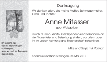 Todesanzeige von Anne Mitesser von SAARBRÜCKER ZEITUNG