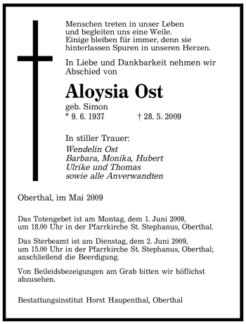 Todesanzeige von Aloysia Ost von SAARBRÜCKER ZEITUNG