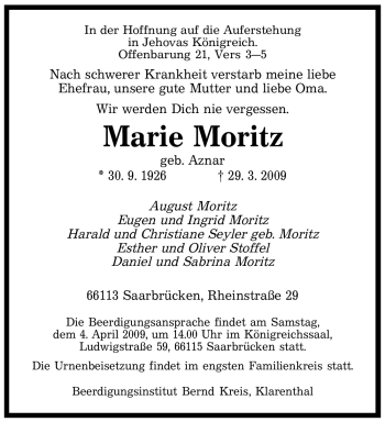Todesanzeige von Marie Moritz von SAARBRÜCKER ZEITUNG