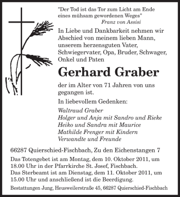 Todesanzeige von Gerhard Graber von SAARBRÜCKER ZEITUNG