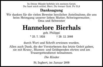 Todesanzeige von Hannelore Bierhals von SAARBRÜCKER ZEITUNG