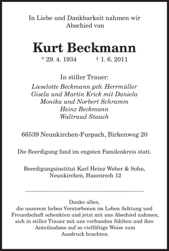 Todesanzeige von Kurt Beckmann von SAARBRÜCKER ZEITUNG