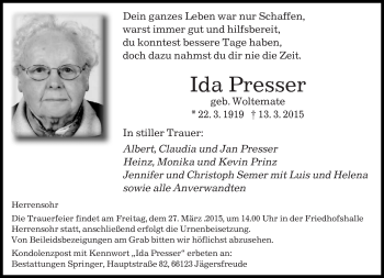 Todesanzeige von Ida Presser von saarbruecker_zeitung