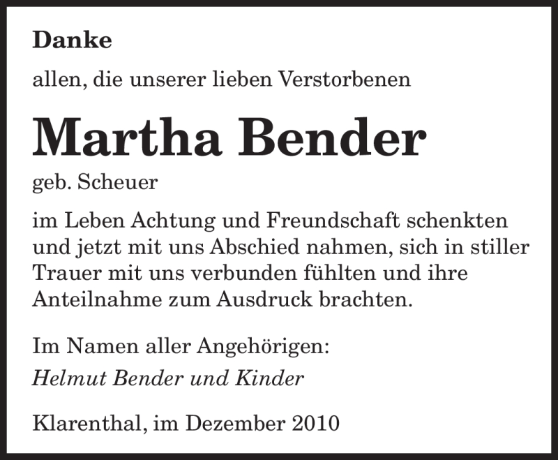  Traueranzeige für Martha Bender vom 27.12.2010 aus SAARBRÜCKER ZEITUNG