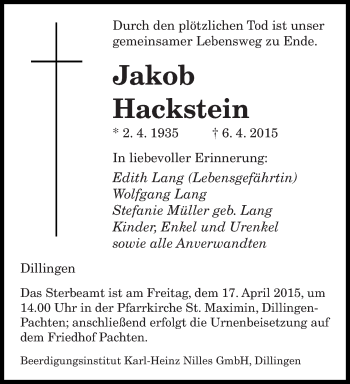 Todesanzeige von Jakob Hackstein von saarbruecker_zeitung