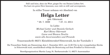 Todesanzeige von Helga Letter von SAARBRÜCKER ZEITUNG