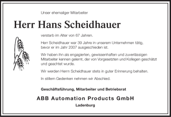 Todesanzeige von Hans Scheidhauer von SAARBRÜCKER ZEITUNG