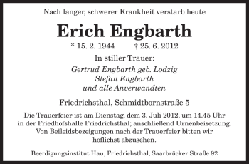 Todesanzeige von Erich Engbarth von SAARBRÜCKER ZEITUNG