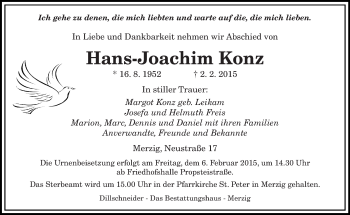 Todesanzeige von Hans-Joachim Konz von saarbruecker_zeitung