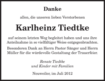 Todesanzeige von Karlheinz Tiedtke von SAARBRÜCKER ZEITUNG