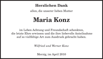 Todesanzeige von Maria Konz von SAARBRÜCKER ZEITUNG