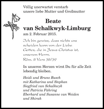 Todesanzeige von Beate van Schalkwyk-Limburg von saarbruecker_zeitung
