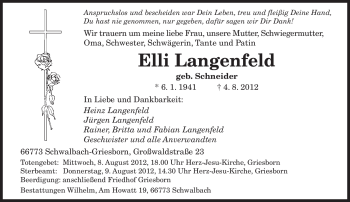 Todesanzeige von Elli Langenfeld von SAARBRÜCKER ZEITUNG
